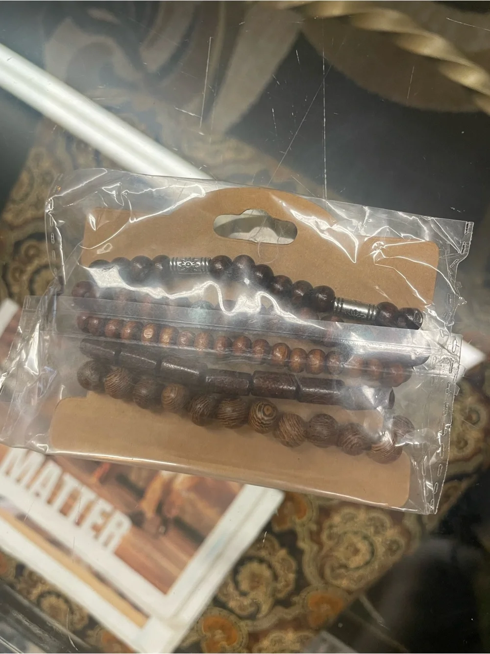 Uni-sex Natural Wood Bead Bracelet Stack - Brown